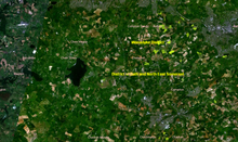 Satelitte l'image de la vallée montrant les lacs et les champs. Le bain légendes d'étiquette et North East Somerset et Wandyke districts