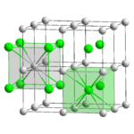27 petites sphères grises dans trois couches espacés de neuf. Huit sphères forment un cube régulier et 8 de ces cubes forment un cube plus grande. Les sphères grises représentent les atomes de césium. Le centre de chaque petit cube est occupé par une petite sphère vert représentant un atome de chlore. Ainsi, tout le chlore est au milieu d'un cube formé par des atomes de césium et chaque césium est au milieu d'un cube formé par le chlore.