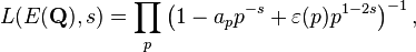 L (E (\ mathbf {Q}), s) = \ prod_p \ left (1 - a_p p ^ {- s} + \ varepsilon (p) p ^ {1 - 2s} \ right) ^ {- 1},