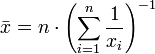 \ Bar {x} = n \ cdot \ left (\ sum_ {i = 1} ^ n \ frac {1} {} x_i \ right) ^ {- 1}
