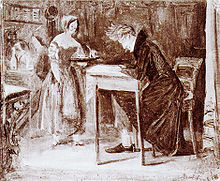 Un croquis, avec les huiles brunes et blanches représentant un homme assis à une table de café, écrit sur un morceau de papier. Une serveuse est au service de l'homme avec une tasse.