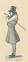 Une caricature; the figure is standing facing left, with a top-hat, cane, formal attire. The caricature is over-emphasizing his back, by making him appear as a hunchback.