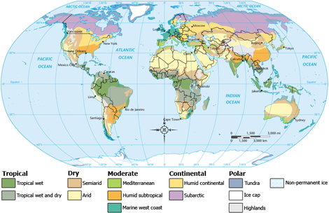 Carte de diviser monde zones climatiques, largement influencé par la latitude. Les zones, allant de l'équateur vers le haut (et vers le bas) sont Tropical, à sec, modérée, Continental et Polar. Il ya sous-zones au sein de ces zones.