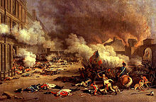 La fumée est gonflées à travers les deux tiers supérieurs de l'image, les gardes morts sont dispersés au premier plan, et une bataille, avec le combat au corps-à-main et d'un cheval se déroule en bas à droite.