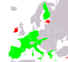 Une carte de l'Europe, mettant en évidence les pays membres de la zone euro et se ils ont émis € 2 pièces commémoratives ou non. Les pays membres de la zone euro sont les plus de l'Europe occidentale sud du Danemark, ainsi que Chypre, la Grèce, la Finlande, l'Irlande et Malte.