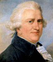 Tête et des épaules Portrait d'un, corpulent, l'homme d'âge moyen aux cheveux blancs avec un teint rose, manteau de velours bleu et un volant