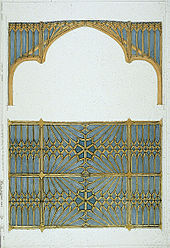 Deux modèles pour un plafond, une montrant une vue de côté de la structure et de la décoration; le fond montrant comment il semblerait, d'après ci-dessous. Le plafond est décoré avec un réseau de voûtes gothiques en or sur un fond bleu.