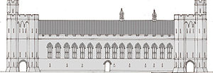 Un dessin de la façade d'une salle de château, avec deux tours à chaque extrémité et une rangée de hautes fenêtres en cours d'exécution avec le milieu. Le dessin est dans les tons de gris.