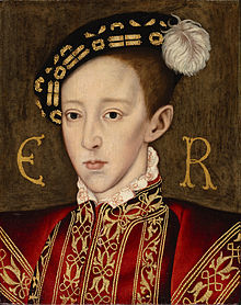 Portrait officiel dans le style élisabéthain d'Edward au début de son adolescence. Il a un visage long pointée aux traits fins, les yeux sombres et une petite bouche pleine.