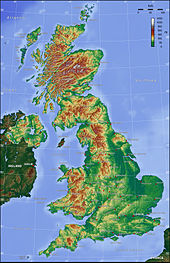 Carte de Royaume-Uni montrant les régions montagneuses au nord et à l'ouest, et la plus plate région du sud-est.
