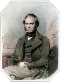 Longueur trois quarts portrait de Darwin âgé d'environ 30, avec des cheveux bruns raides recul du haut de son front et des favoris longs, souriante tranquillement, dans une grande veste lapelled, gilet et col haut avec cravate.