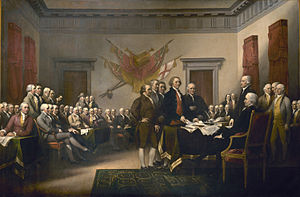 dépeint le comité de cinq hommes présentant le projet de la Déclaration de l'indépendance aux Congrès.