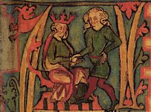 Une page d'un manuscrit enluminé montre deux personnages masculins. D'un homme assis à gauche porte une couronne rouge et sur la droite un homme debout juste a les cheveux longs. Leurs mains droites sont jointes.