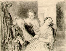 Scène d'intérieur d'un homme plus âgé et jeune femme assise à côté de l'autre endormi, comme une femme plus âgée couvre la tête de l'homme.