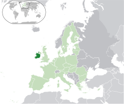 Lieu de l'Irlande (vert foncé) - en Europe (vert et gris foncé) - dans l'Union européenne (vert) - [Légende]