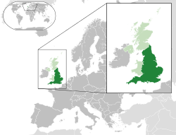Localisation de l'Angleterre (vert foncé) - en continent européen (gris vert et foncé) - au Royaume-Uni (vert clair)