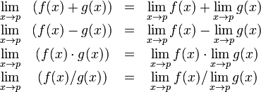 \ Begin {matrix} \ lim \ {x limits_ \ p} & (f (x) + g (x)) & = & \ lim \ {x limits_ \ p} f (x) + \ lim \ {limits_ x \ p} à g (x) \\ \ lim \ limits_ {x \} et de p (f (x) - g (x)) & = & \ lim \ limits_ {x \ p} f (x) - \ lim \ {x limits_ \ p} g (x) \\ \ lim \ {x limits_ \ p} & (f (x) \ cdot g (x)) & = & \ lim \ {x limits_ \ p} à f (x) \ cdot \ lim \ limits_ {x \ p} à g (x) \\ \ lim \ limits_ {x \} et de p (f (x) / g (x)) = & & {\ lim \ {x limits_ \ p} f (x) / \ lim \ {x limits_ \ p} g (x)} \ end {matrix}