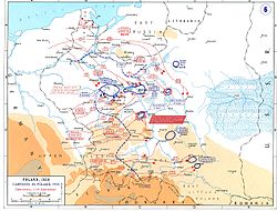 Carte montrant l'avance faite par les Allemands, et la disposition des troupes allemandes et polonaises le 14 Septembre 1939.