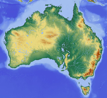Carte montrant la topographie de l'Australie, montrant une certaine altitude dans l'ouest et très haute altitude dans les montagnes dans le sud-