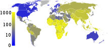 Carte du monde avec l'Afrique sub-saharienne dans diverses nuances de jaune, de marquage prévalences supérieures à 300 par 100 000, et les États-Unis, le Canada, l'Australie et l'Europe du Nord dans les tons de bleu profond, marquant prévalences environ 10 pour 100 000. L'Asie est jaune, mais pas tout à fait si brillante, marquant prévalences autour de 200 par 100 000 plage. Amérique du Sud est d'un jaune plus foncé.