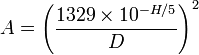 A = \ left (\ frac {1329 \ times10 ^ {- H / 5}} {D} \ right) ^ 2