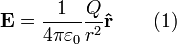 \ Mathbf {E} = \ frac {1} {4 \ pi \ varepsilon_0} \ frac {} {Q r ^ 2} \ mathbf {\ hat {r}} \ qquad \ mbox {(1)}