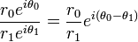 \ Frac {r_0 e ^ {i \ theta_0}} {r_1 e ^ {i \ theta_1}} = \ frac {} {r_0 r_1} e ^ {i (\ theta_0 - \ theta_1)} \,
