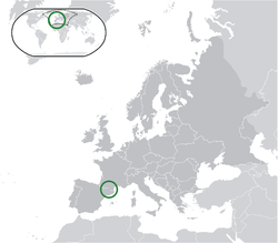 Lieu d'Andorre (centre du cercle vert) en Europe (gris foncé) - [Légende]