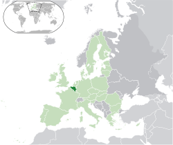 Lieu de Belgique (vert foncé) - en Europe (vert et gris foncé) - dans l'Union européenne (vert) - [Légende]
