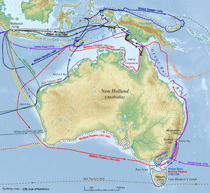Carte de l'Australie avec des flèches de couleur montrant le chemin des premiers explorateurs autour de la côte de l'Australie et les îles environnantes