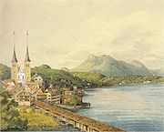aquarelle croquis de la scène au bord du lac au printemps, l'eau prenant côté droit de croquis, l'église et les petites villes de gauche, collines en arrière-plan
