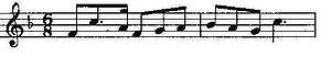 Notação musical que mostra um tema em F e em 6/8 tempo em uma clave de sol.