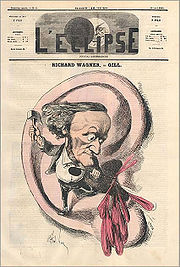 A cartoon showing a misshappen figure of a man with a tiny body below a head with prominent nose and chin standing on the lobe of a human ear. The figure is hammering the sharp end of a crochet symbol into the inner part of the ear and blood pours out.