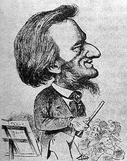 A cartoon figure holding a baton, stands next to a music stand in front of some musicians. The figure has a large nose and prominent forehead. His sideburns turn into a wispy beard under his chin.