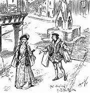 esboço revista de uma produção operática, mostrando um homem e uma mulher entre cenário medieval
