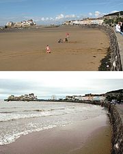 Duas fotografias que mostram a parede do mar e edifÃ­cios. A esquerda teve o lado Ã© uma extensÃ£o de areia na parte superior da imagem e Ã¡gua cobriu na imagem de fundo.