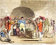 Centre: George III, drawn as a paunchy man with pockets bulging with gold coins, receives a wheel-barrow filled with money-bags from William Pitt, whose pockets also overflow with coin. To the left, a quadriplegic veteran begs on the street. To the right, George, Prince of Wales, is depicted dressed in rags.
