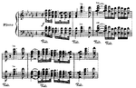 Um tema musical de cordas notado em duas pautas.