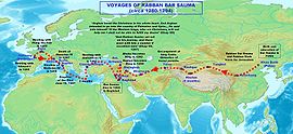 Map of Asia, Europe, and the northern part of Africa, with a red dotted line showing a journey starting from the far eastern side of Asia, heading all the way westward across the continent, through the Middle East, into the Mediterranean, and visiting the capitals of Europe.