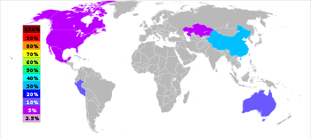 Mapa-mundi reviealing que cerca de 40% de zinco é produzido na China, 20% na Austrália, 20% no Peru, e 5% nos EUA, Canadá e Cazaquistão cada.
