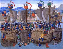 Quatro navios de madeira resistente que encontram-se lado a lado cheio de homens armados com escudos, espadas e arcos lutando em um tumulto confuso