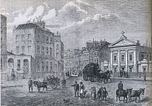 Gravura em preto-e-branco que mostra construções de Londres no fundo e carruagens e as pessoas em primeiro plano.