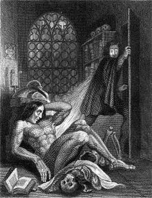 Engraving showing a naked man awaking on the floor and another man fleeing in horror. A skull and a book are next to the naked man and a window, with the moon shining through it, is in the background.