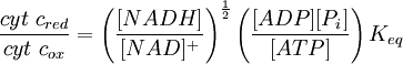 \ Frac {cit ~ c_ {vermelho}} {{cit ~ c_ boi}} = \ left (\ frac {[NADH]} {[NAD] ^ {+}} \ right) ^ {\ frac {1} {2 }} \ left (\ frac {[ADP] [P_ {i}]} {[ATP]} \ right) K_ {eq}