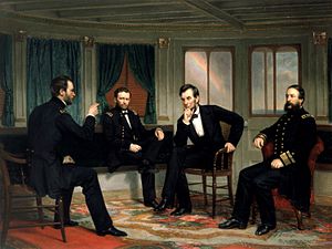 Painting of four men conferring in a ship's cabin, entitled