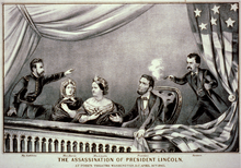 A drawing of Lincoln being shot by Booth while sitting in a theater booth.