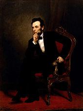 A painting of Lincoln sitting with his hand on his chin and his elbow on his leg.