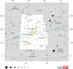 Diagrama que mostra a posição das estrelas e fronteiras da constelação de Câncer e seus arredores