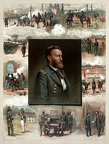 Retrato de Grant está no meio de uma imagem cercado por sua história militar cronológica, começando com a graduação de West Point, próximo a guerra do méxico-americano, e, finalmente, os eventos da Guerra Civil e cenas de batalha.