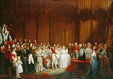 Pintura de um casamento luxuoso com a participação de pessoas ricamente vestidas em uma sala magnífica